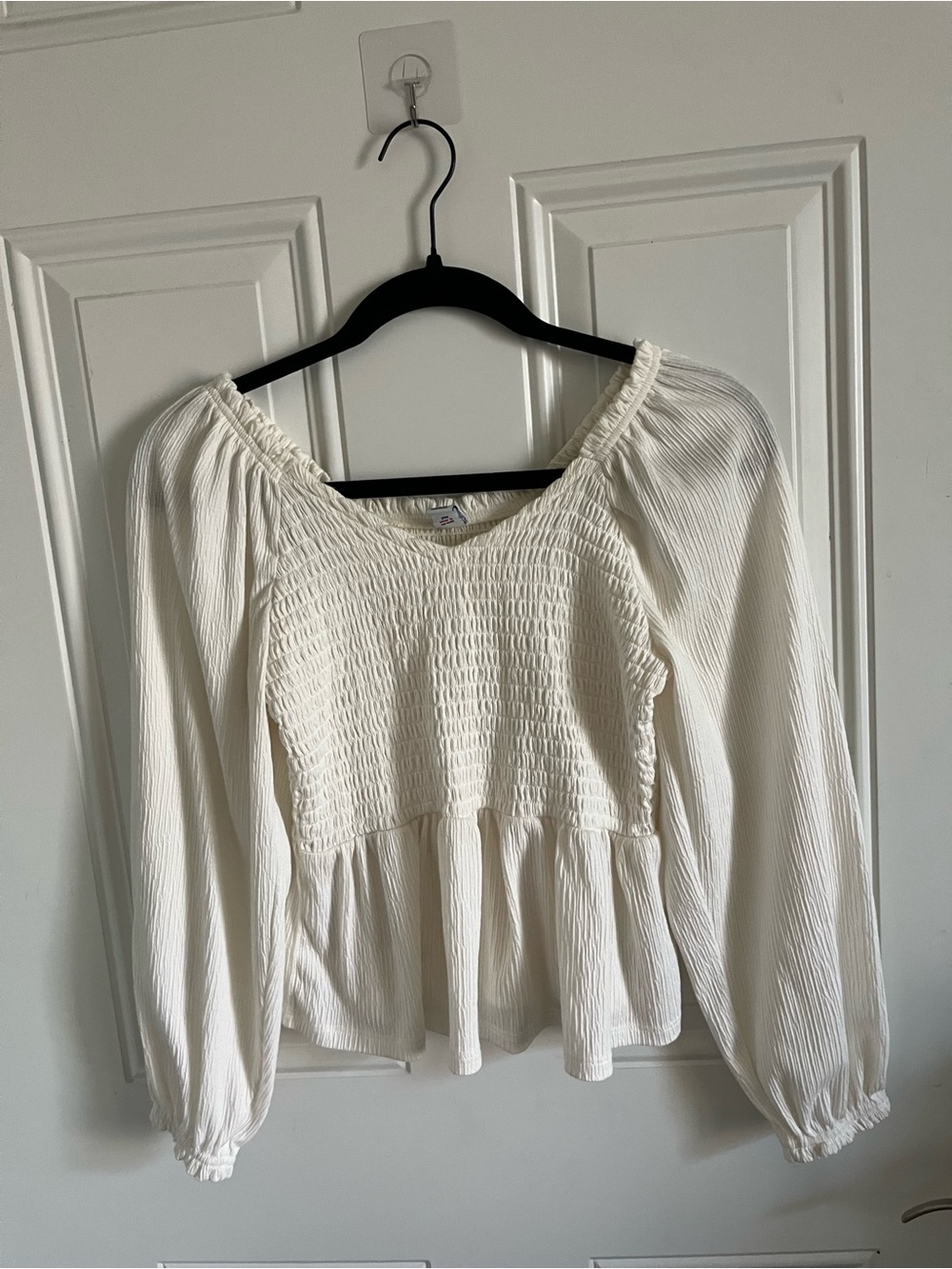 Old Navy Cream Smocked Peplum Long-Sleeve Blouse